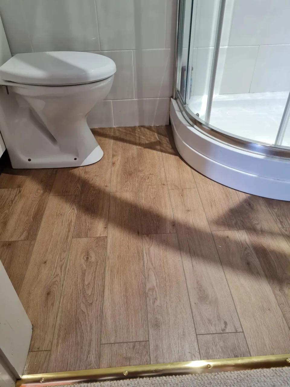 Curved shower tray, toilet and wood-effect bathroom floor